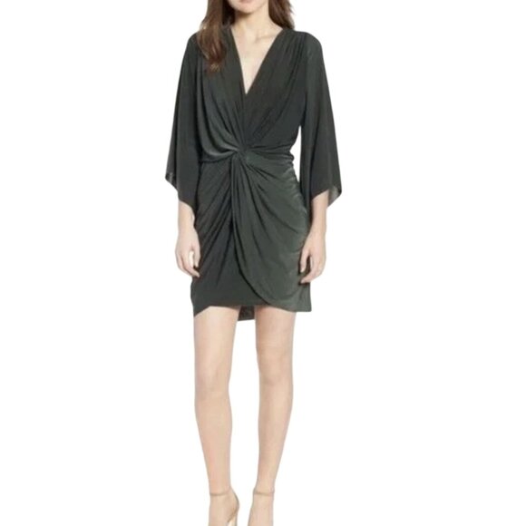 MISA Los Angeles Green Teget Mini Dress Knot Front Bell Sleeves V Neck Draped S‎ - Picture 1 of 9